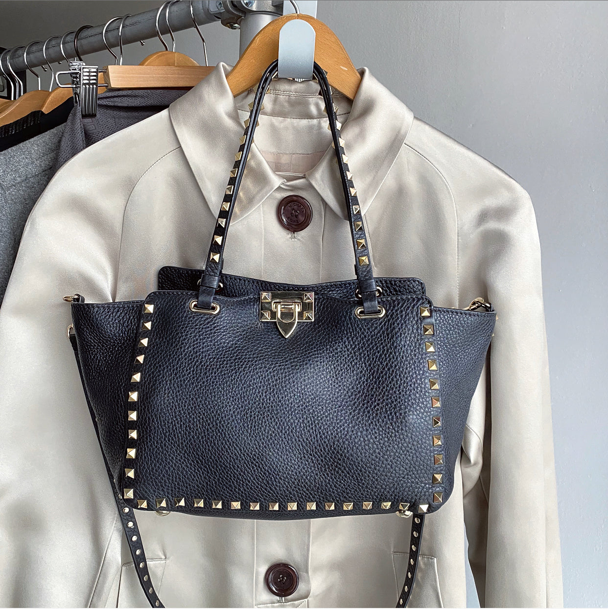 Valentino Rock Stud Black Leather Trapeze 2 Way Bag