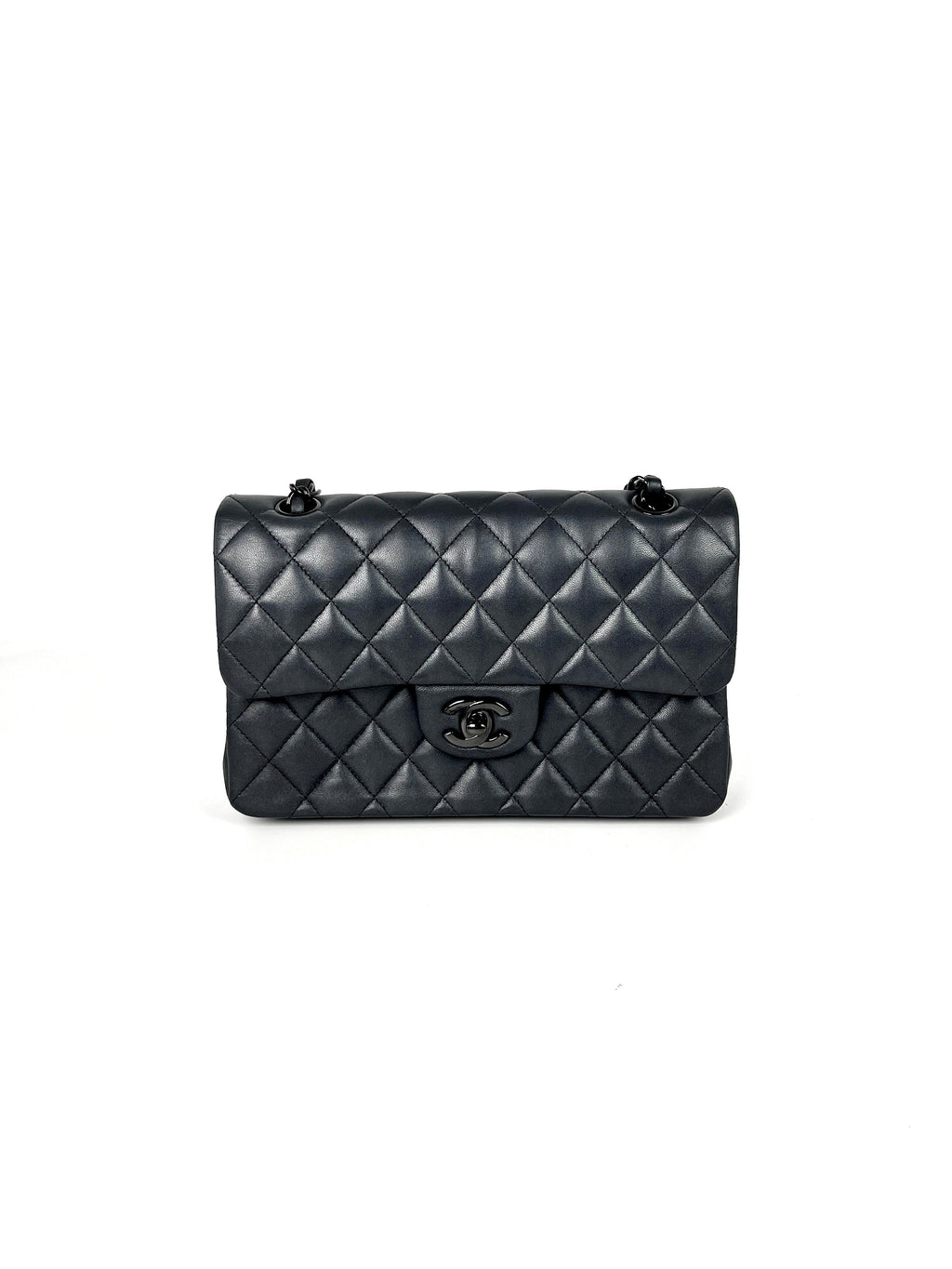 CHANEL Charcoal So Black Lambskin Small Double Flap Quilted Shoulder Bag