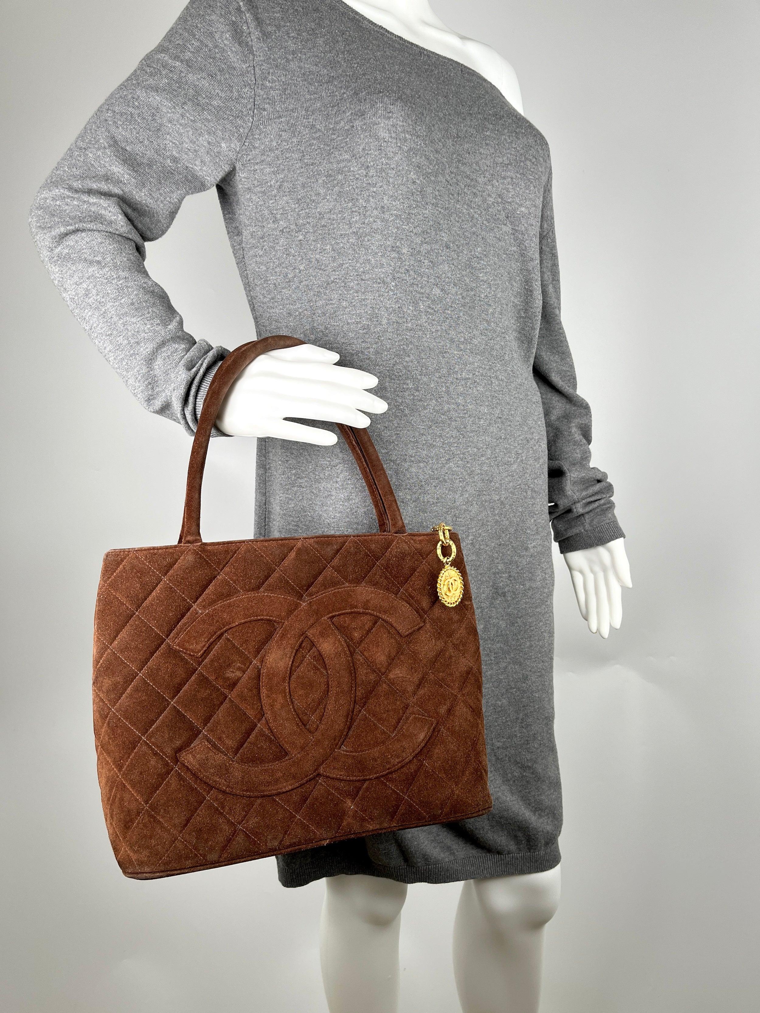 Vintage Chanel Timeless CC Medallion Suede Brown Tote