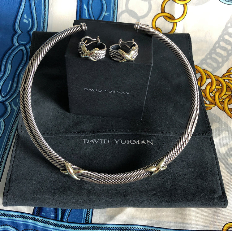 David Yurman Sterling Double Cable 14k Gold X Choker Necklace