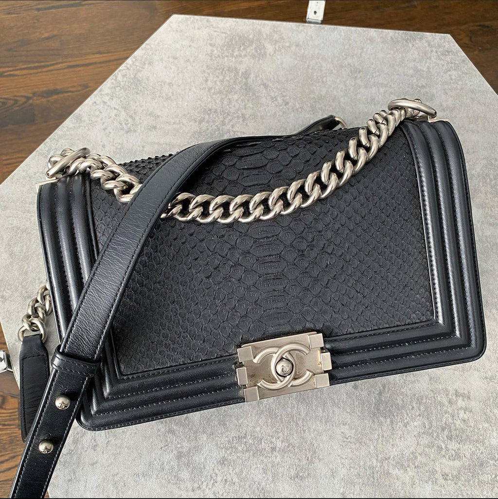Chanel Black Leather and Exotic Python Medium Boy Bag