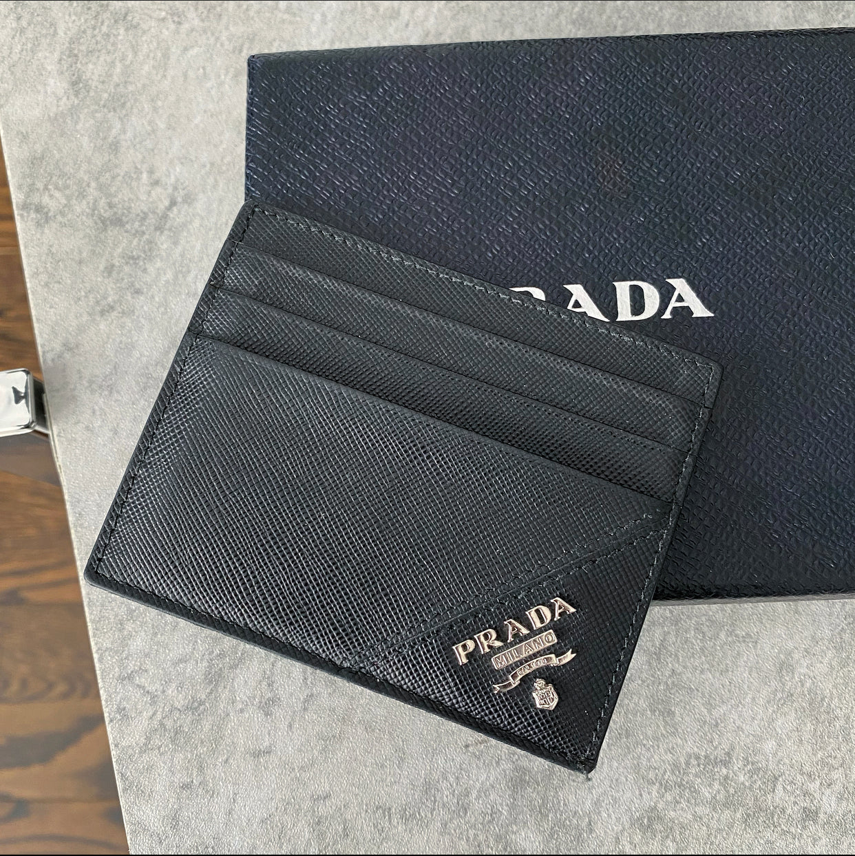 Prada Black Saffiano Silver Logo  Holder