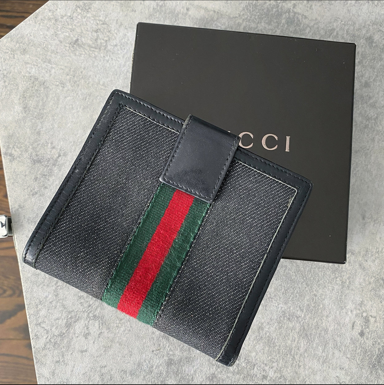 Gucci Denim Bifold Wallet with Web Stripe Detail