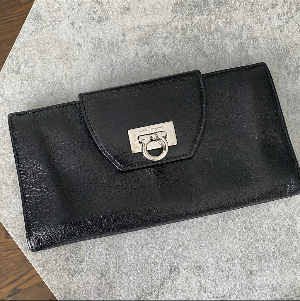 Ferragamo Black Leather Marisa Long Wallet