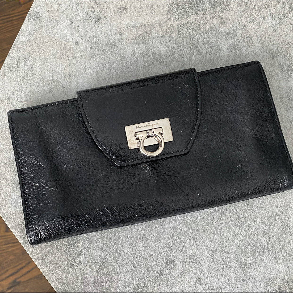 Ferragamo Black Leather Marisa Long Wallet