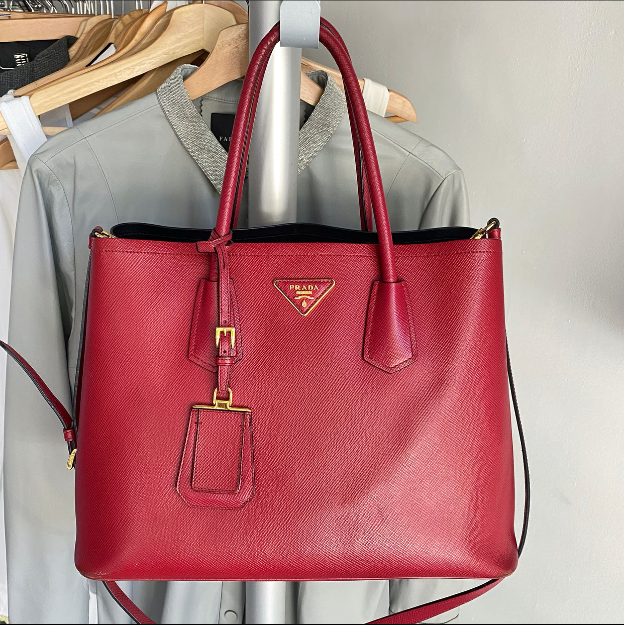 Prada Saffiano Lux Red Large Double Tote Bag