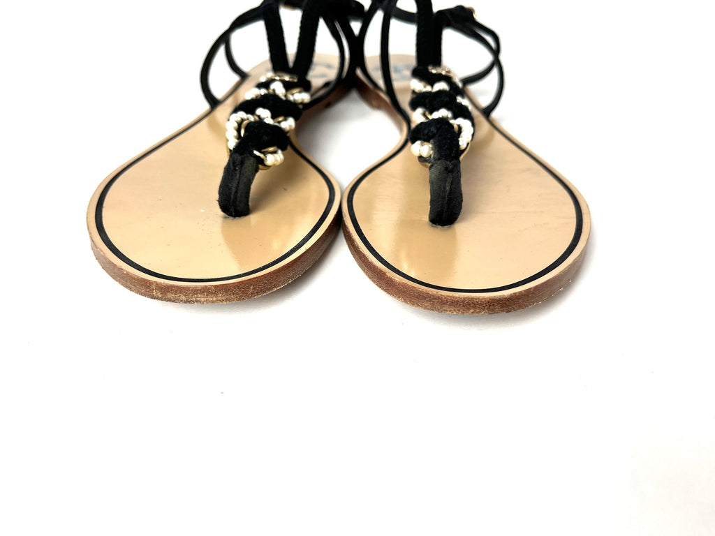 CHANEL Faux Pearl Rope CC Logo Flat T Strap Black Sandals 39 C 8