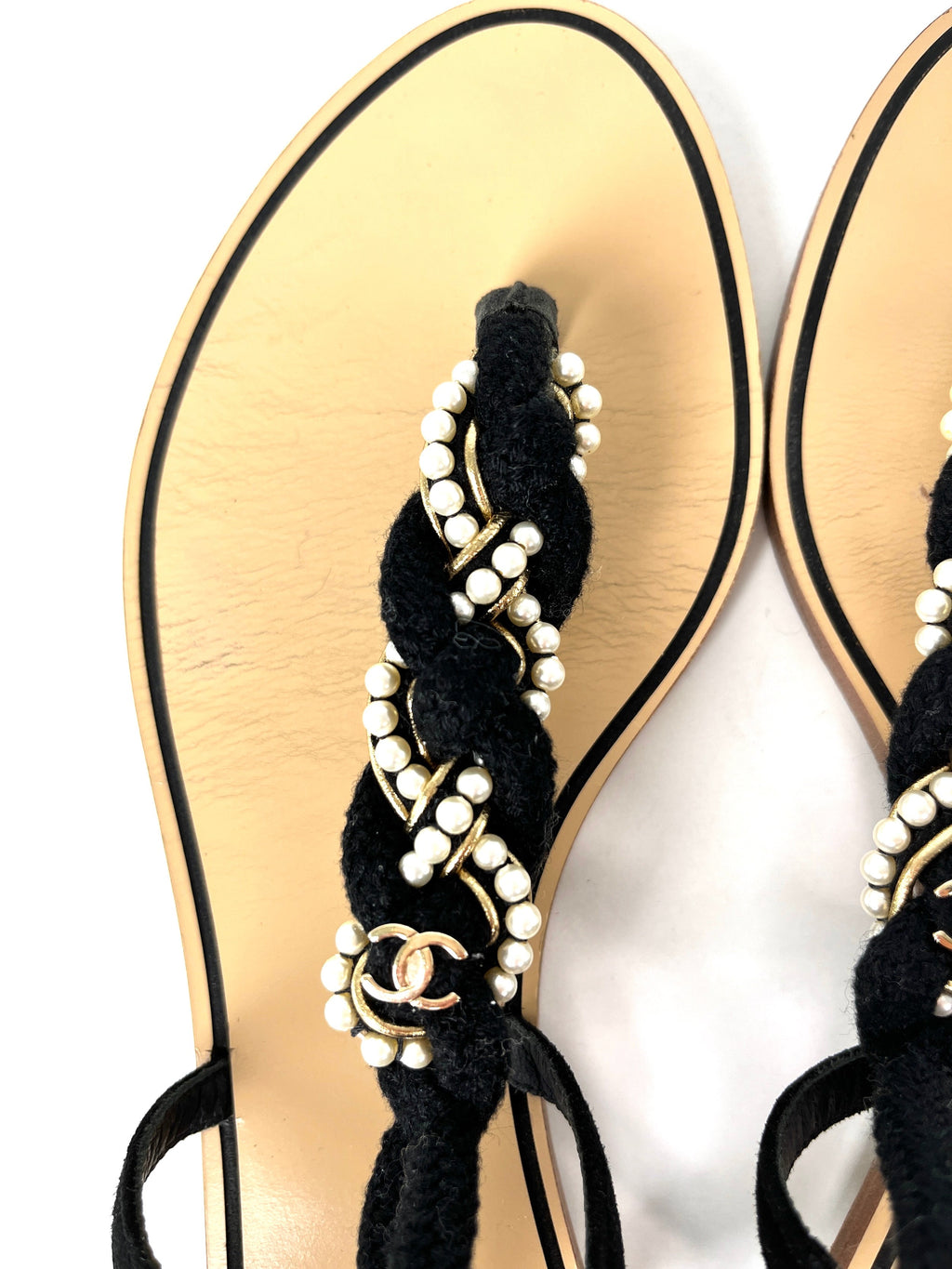 CHANEL Faux Pearl Rope CC Logo Flat T Strap Black Sandals 39 C 8