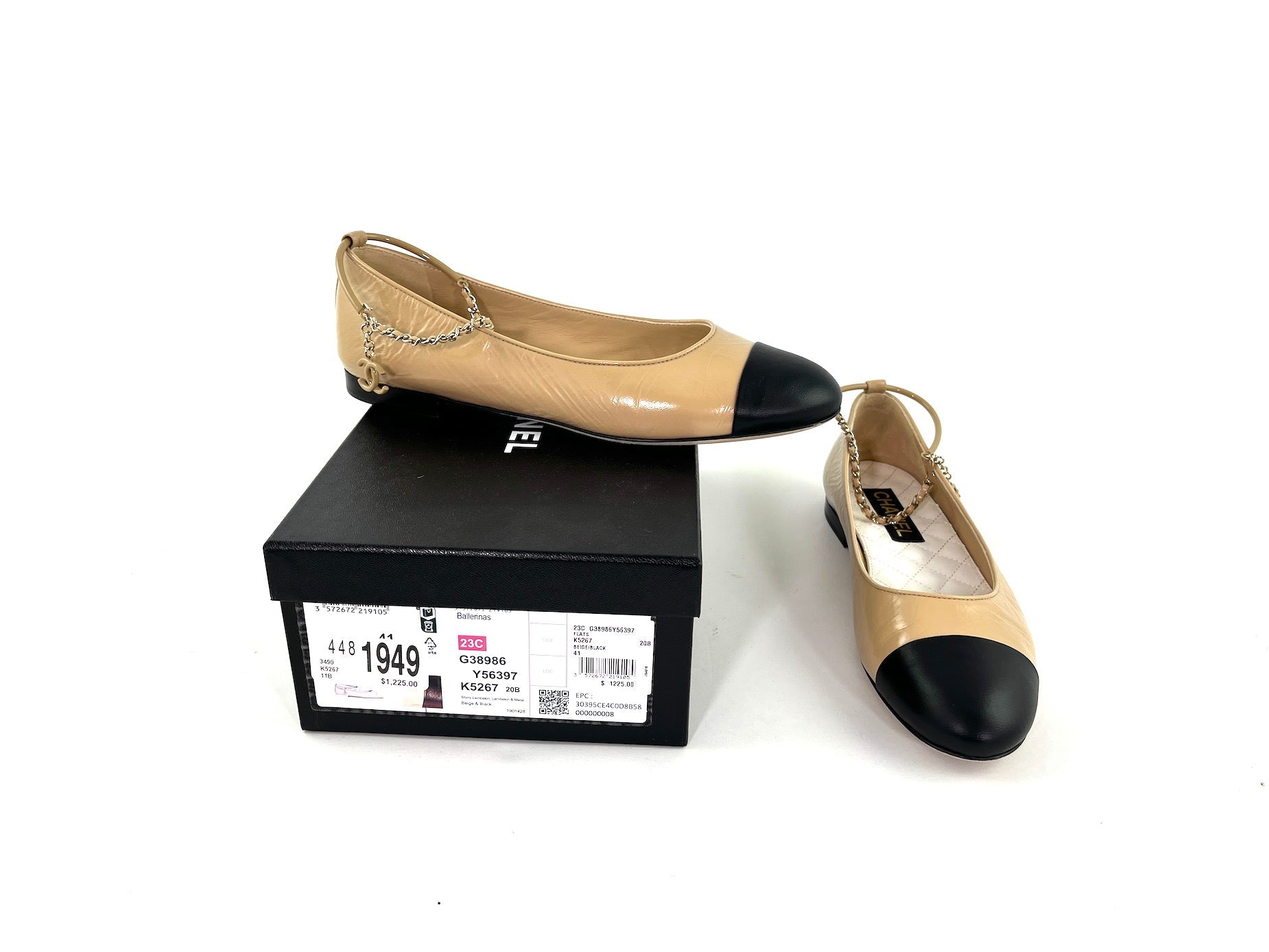 CHANEL 23C Bi Color CC Black Beige Ballet Flats 41 10.5