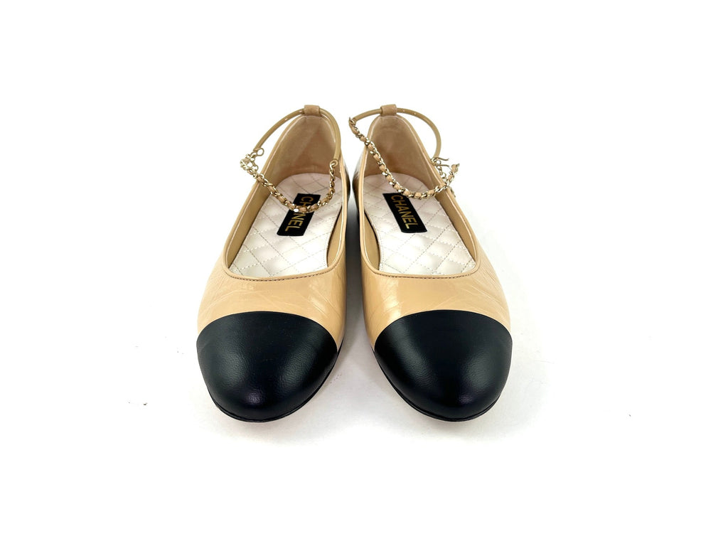 CHANEL 23C Bi Color CC Black Beige Ballet Flats 41 10.5