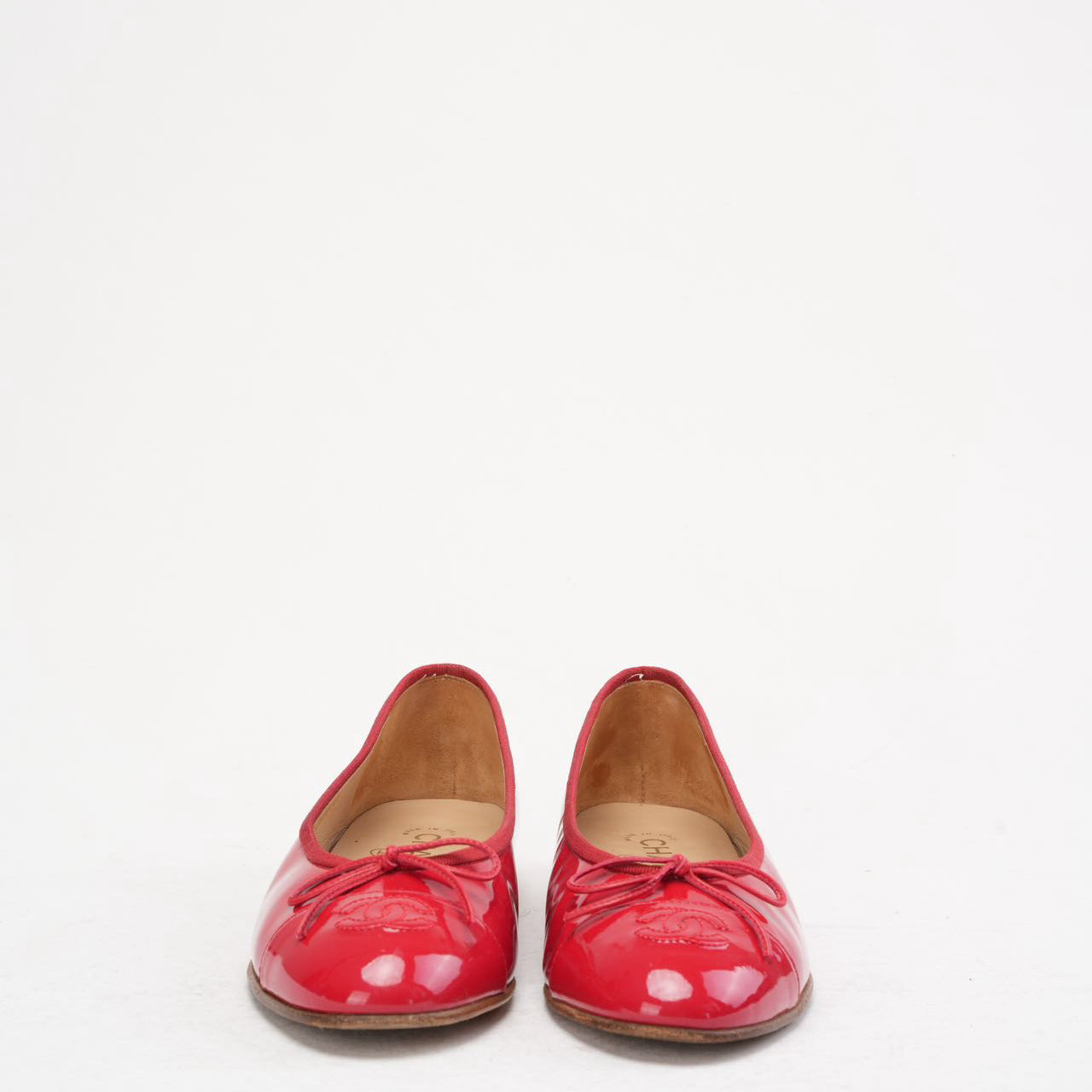 Chanel Red Leather CC Cap Toe Ballet Flats Size 38.5