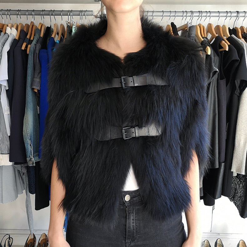 J. Mendel Black Fur Cape Jacket with Leather Buckles