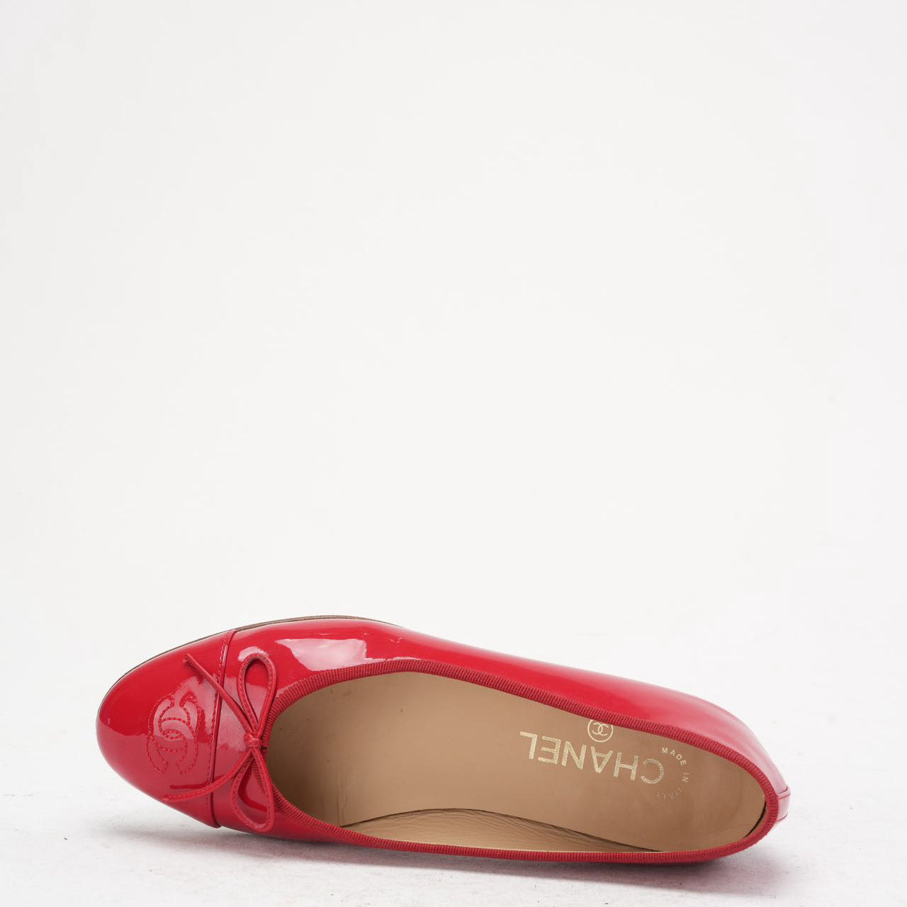 Chanel Red Leather CC Cap Toe Ballet Flats Size 38.5