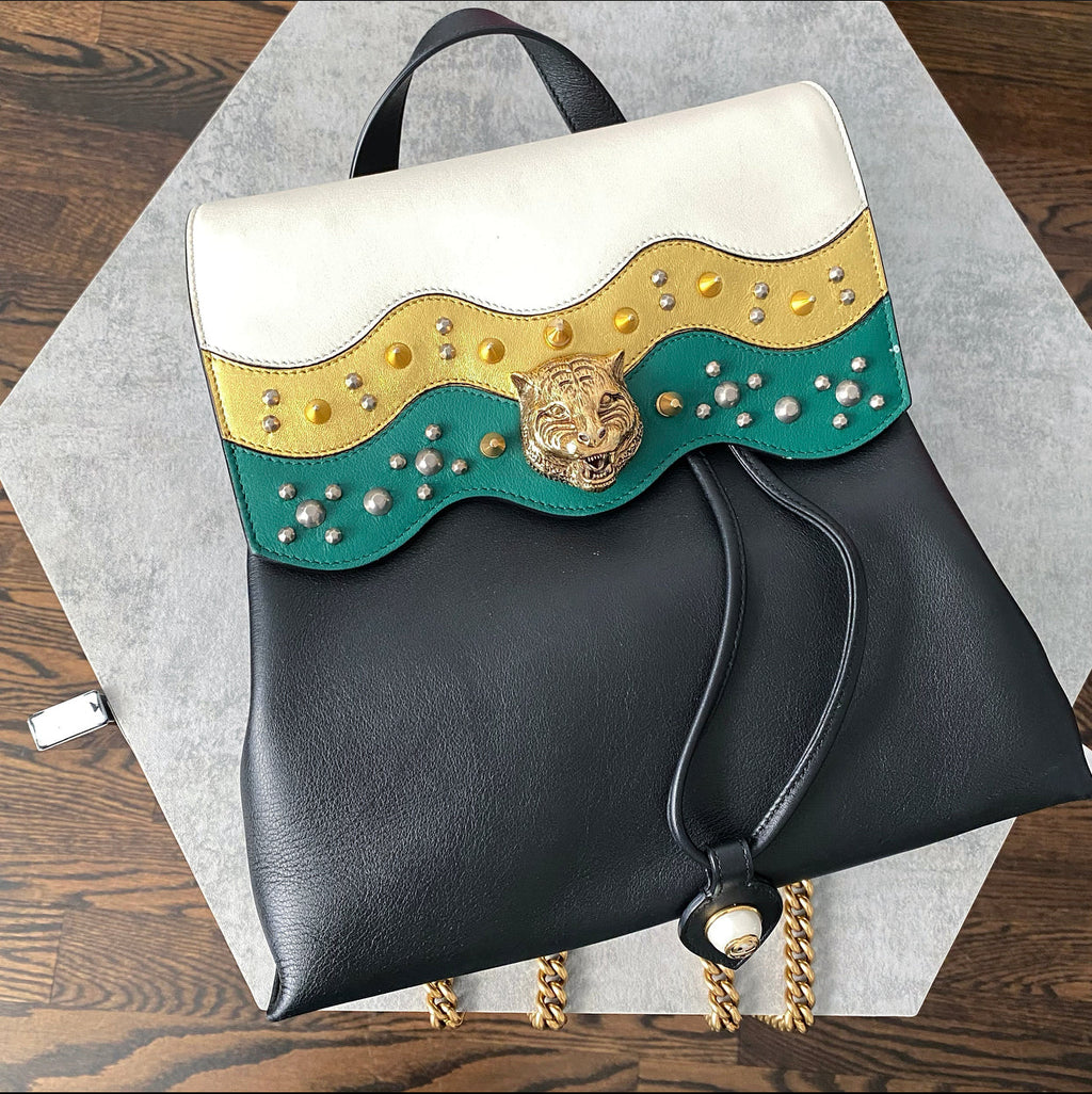 Gucci Malin Backpack Green, Ivory, Black with Tiger Head