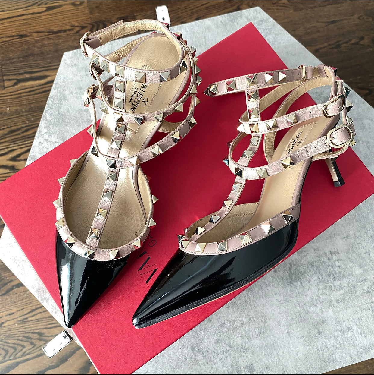 Valentino Triple Cage Rock Stud in Nude and Black Patent - 37