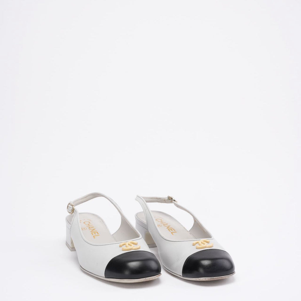 Chanel 25A CC Black / White Leather Mule Pointed Toe Size 37