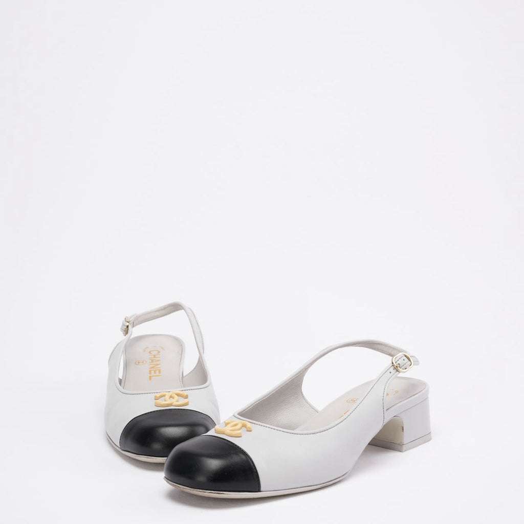 Chanel 25A CC Black / White Leather Mule Pointed Toe Size 37