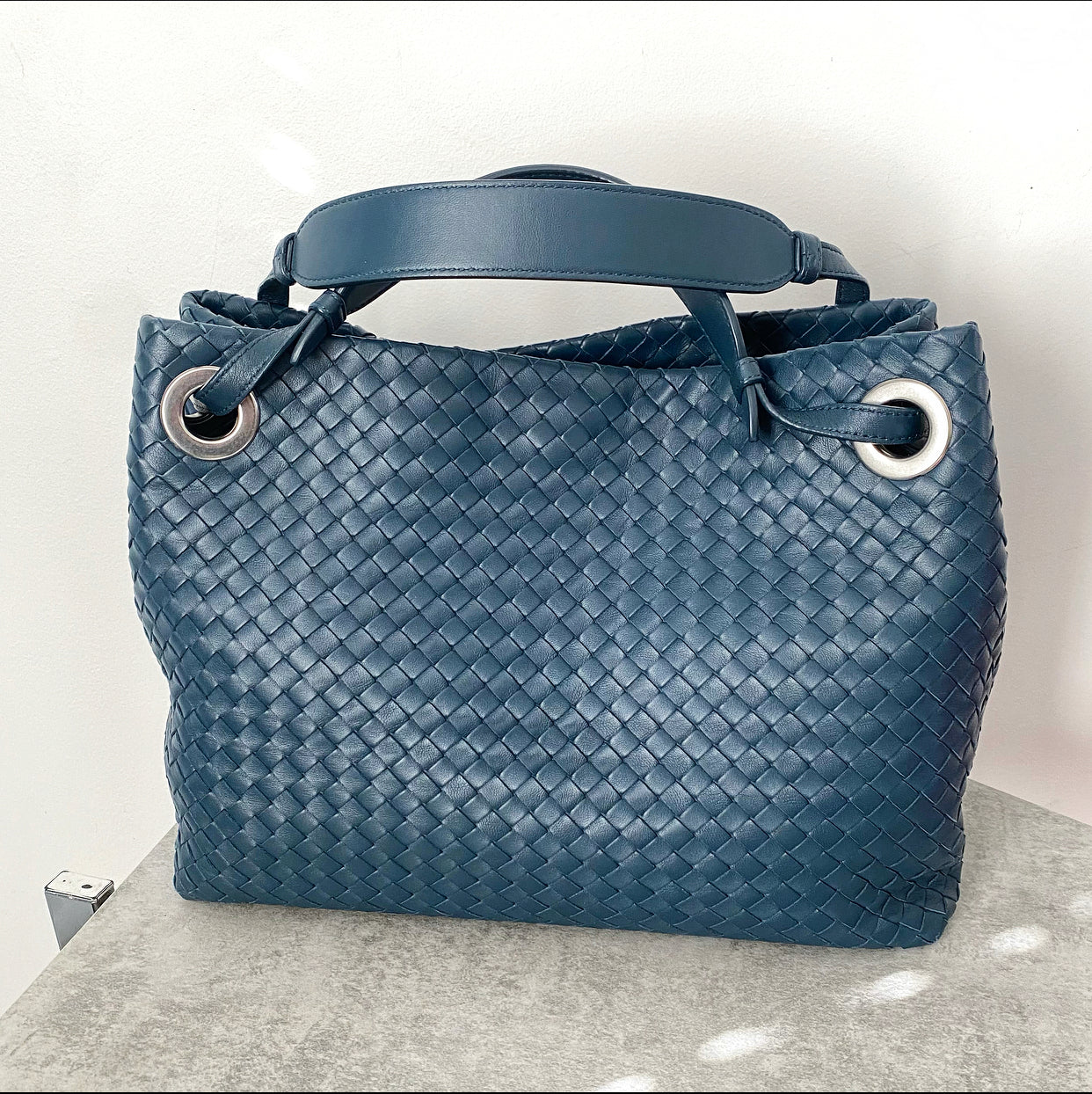 Bottega Veneta Dark Teal Blue Intrecciato Leather Garda Tote Bag