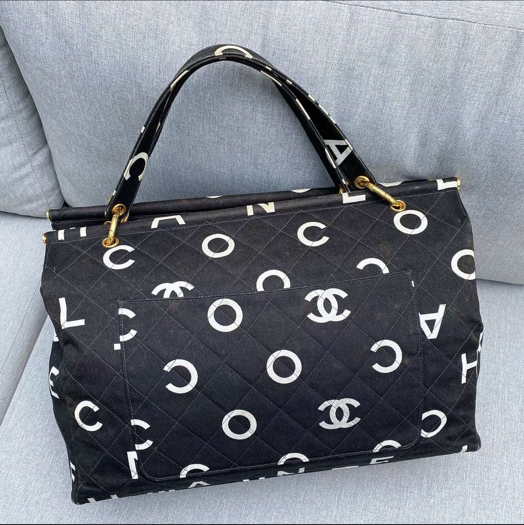 Chanel Vintage 1996 Coco Letters Canvas Large Tote Bag