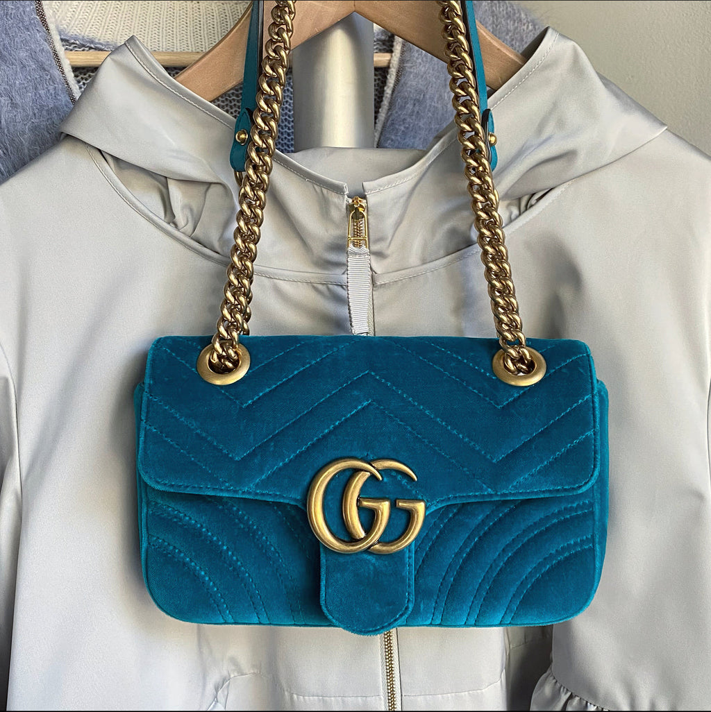 Gucci Mini Blue Turquoise Velvet Marmont Bag