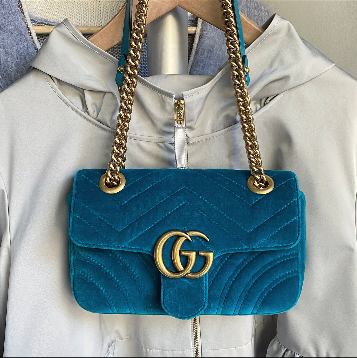 Gucci Mini Blue Turquoise Velvet Marmont Bag