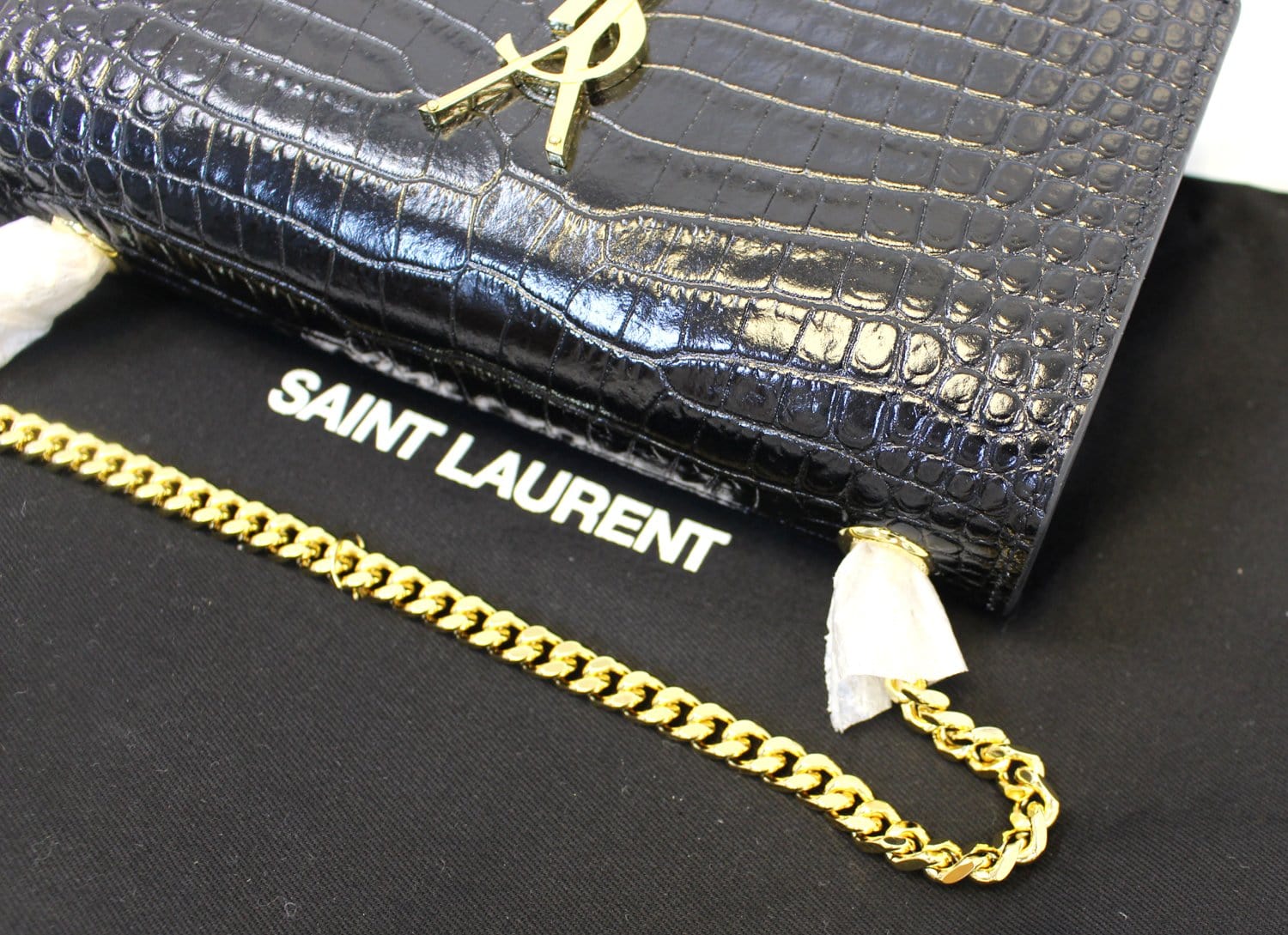 YVES SAINT LAURENT Crocodile Black Leather Chain Clutch Crossbody Bag