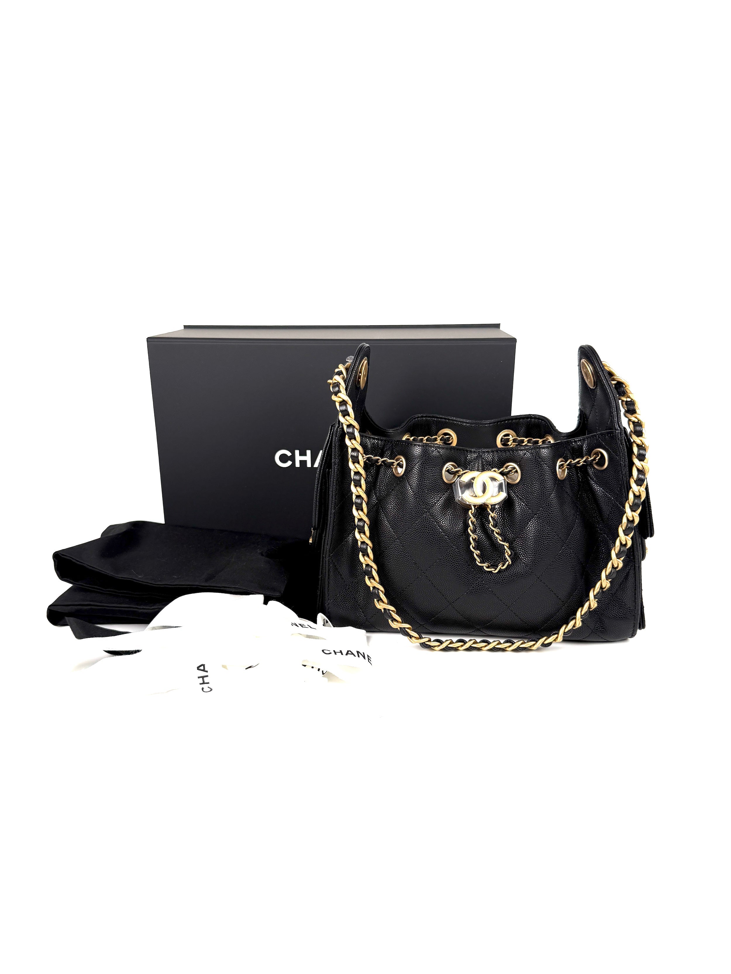 New CHANEL 25 Mini Black Quilted Caviar Leather Shoulder Bag