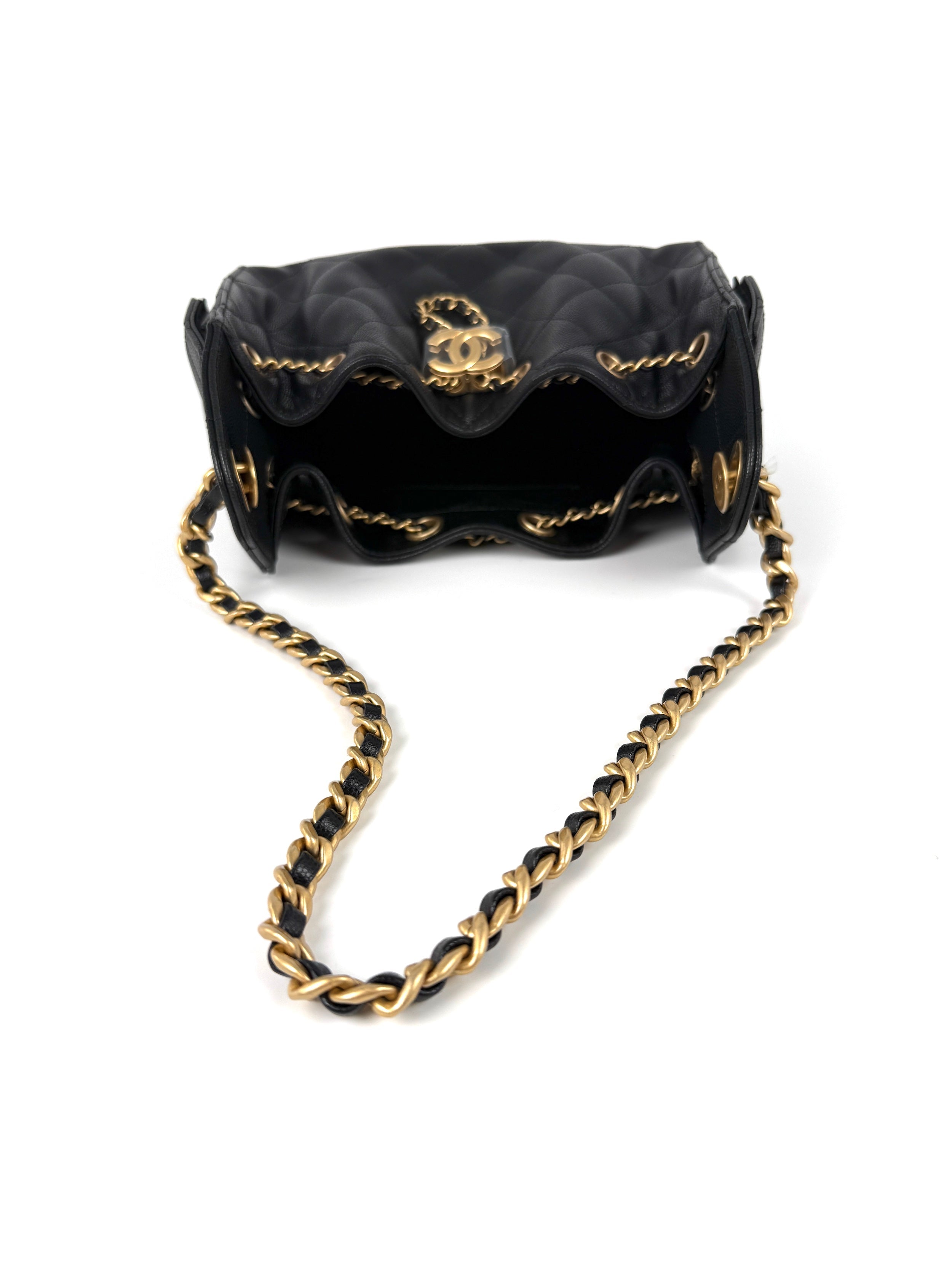 New CHANEL 25 Mini Black Quilted Caviar Leather Shoulder Bag