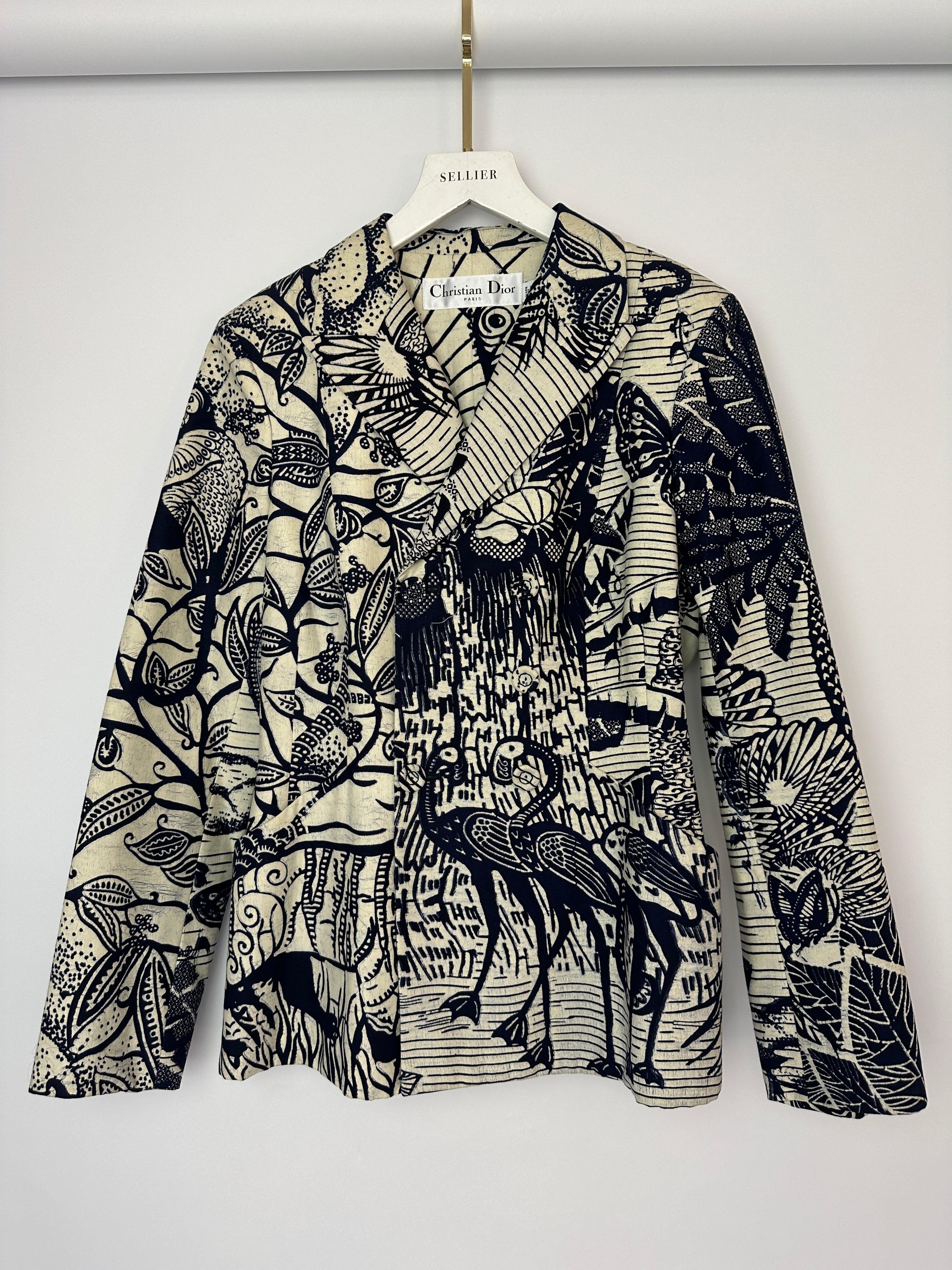 Christian Dior Cruise 2020 Cream and Blue Botanical Printed Button Down Bar Jacket Size FR 38 (UK 10)