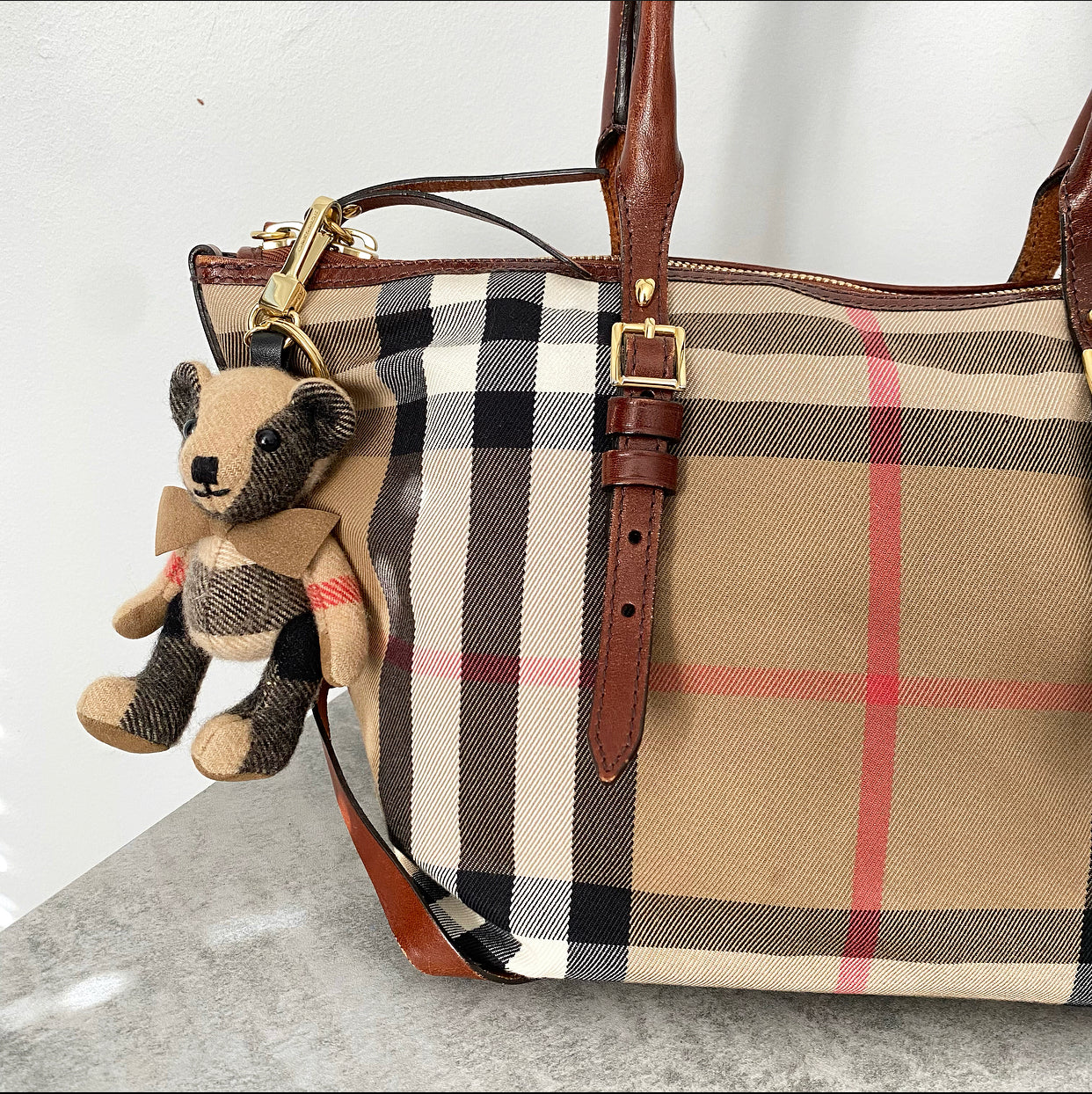 Burberry Fabric Check Tote Bag with Teddy Bear Charm