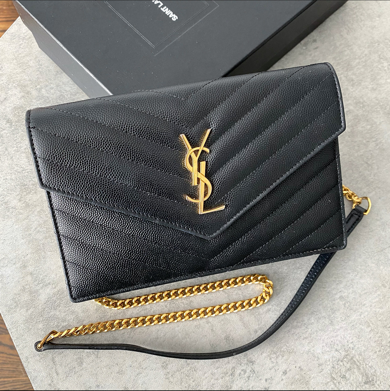 Saint Laurent Black Cassandre Wallet on Chain Crossbody Bag