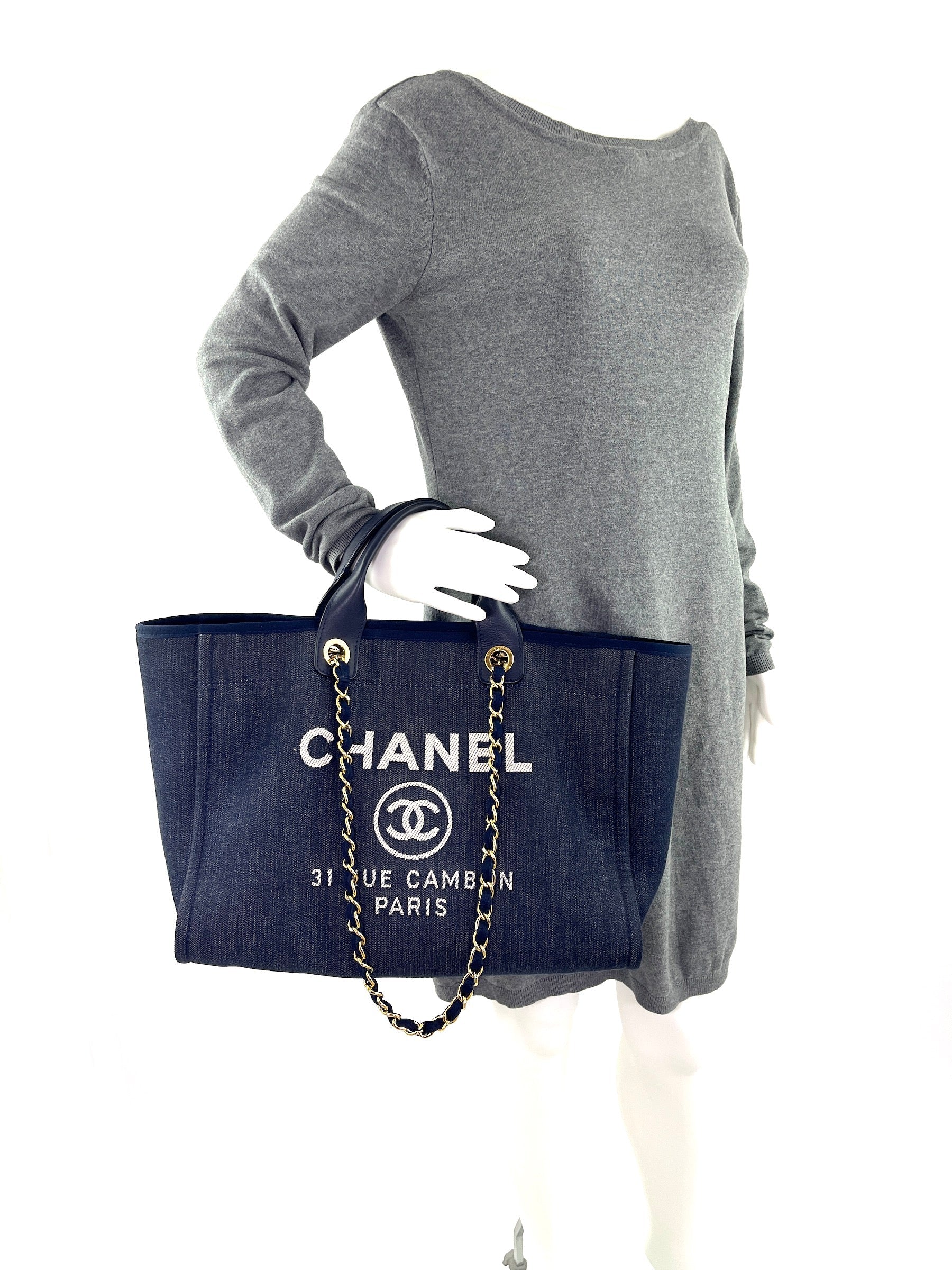 CHANEL Deauville Medium Denim Navy Shopping Tote Bag