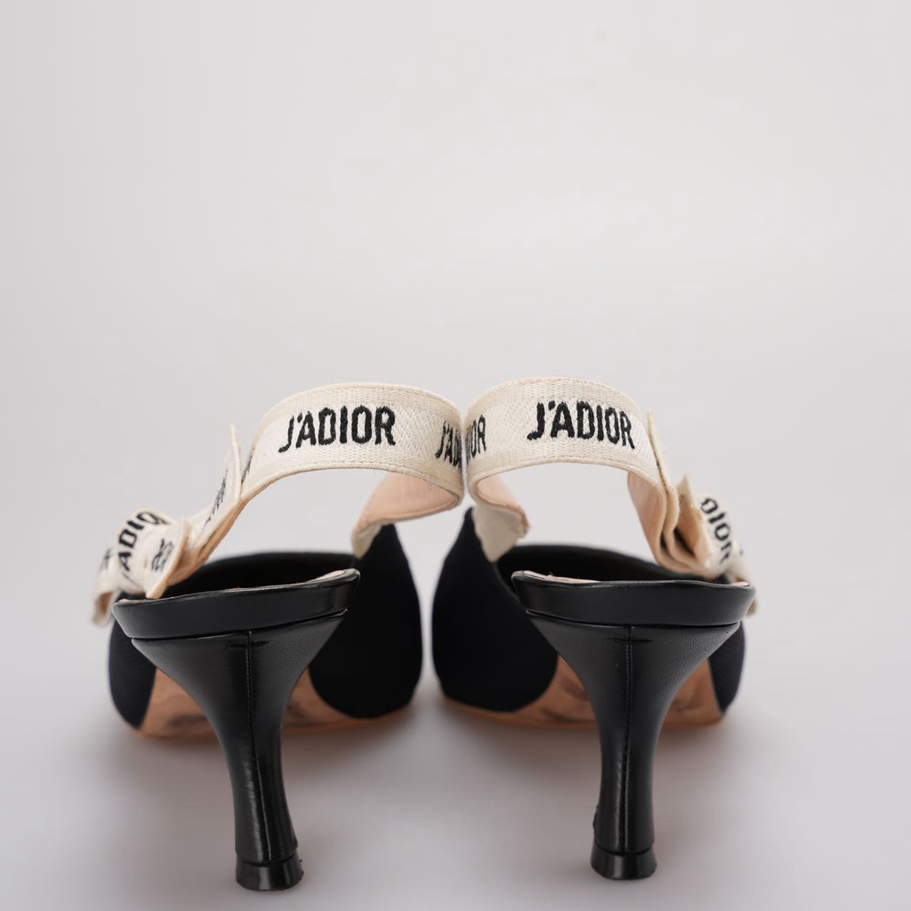 Christian Dior Ribbon Black Fabric J'adior Slingback Pumps Size 38.5