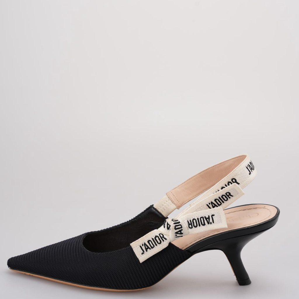Christian Dior Ribbon Black Fabric J'adior Slingback Pumps Size 38.5