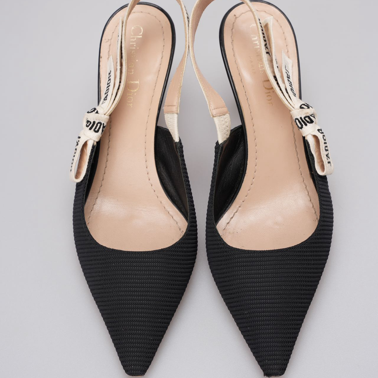 Christian Dior Ribbon Black Fabric J'adior Slingback Pumps Size 38.5