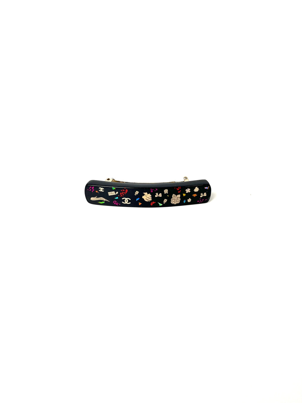 CHANEL Black Multi Logo Glitter Embellished Print Hair Clip