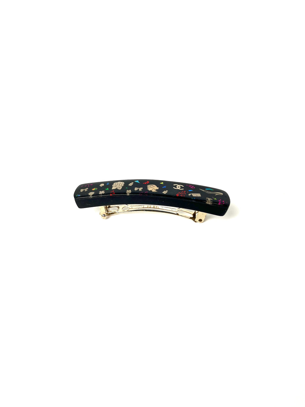 CHANEL Black Multi Logo Glitter Embellished Print Hair Clip