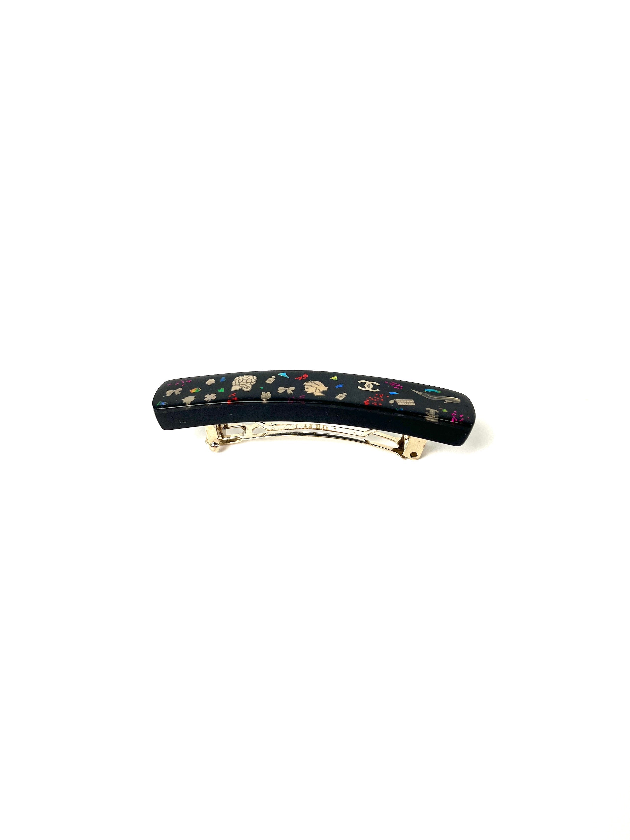 CHANEL Black Multi Logo Glitter Embellished Print Hair Clip