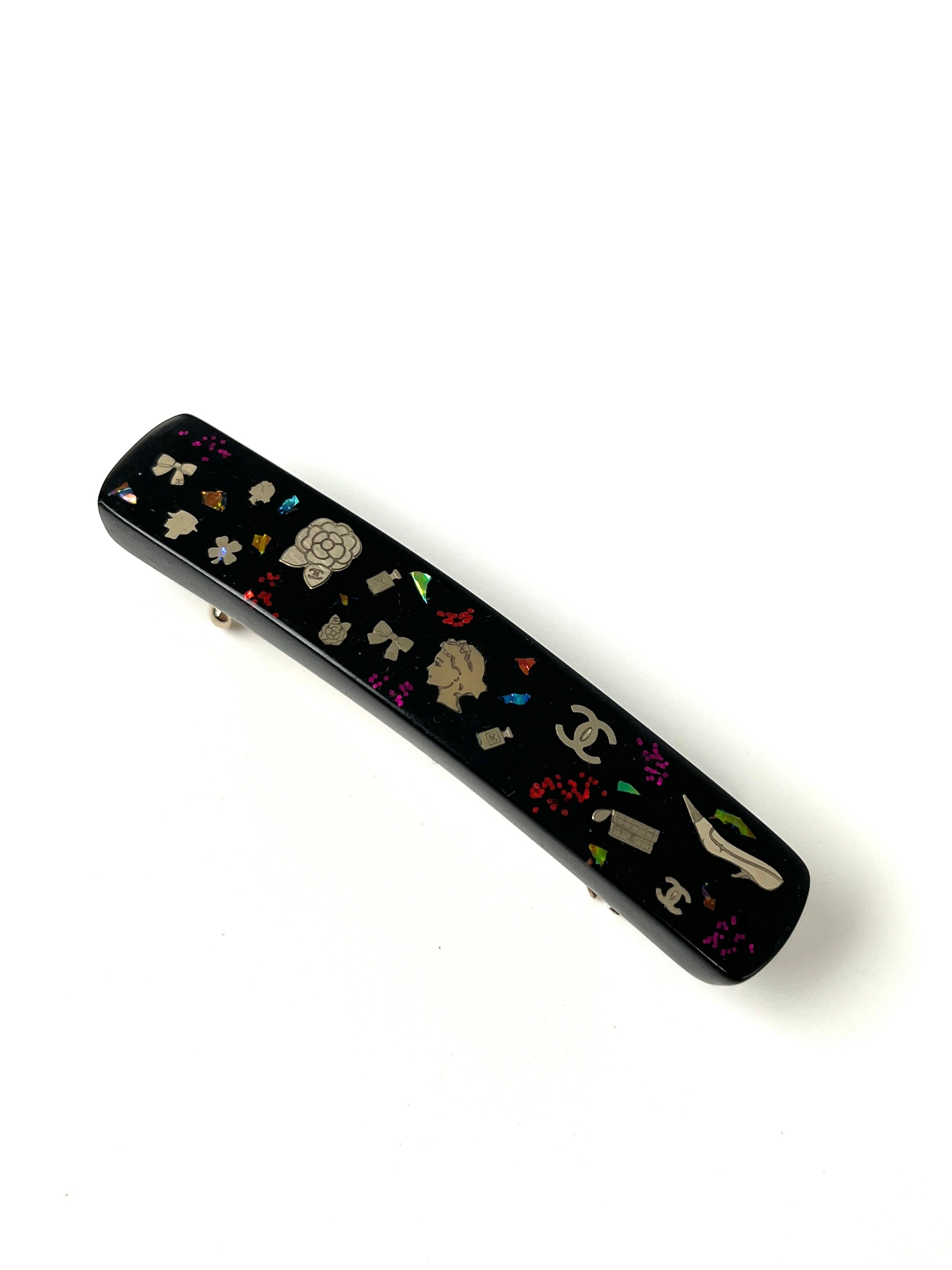 CHANEL Black Multi Logo Glitter Embellished Print Hair Clip