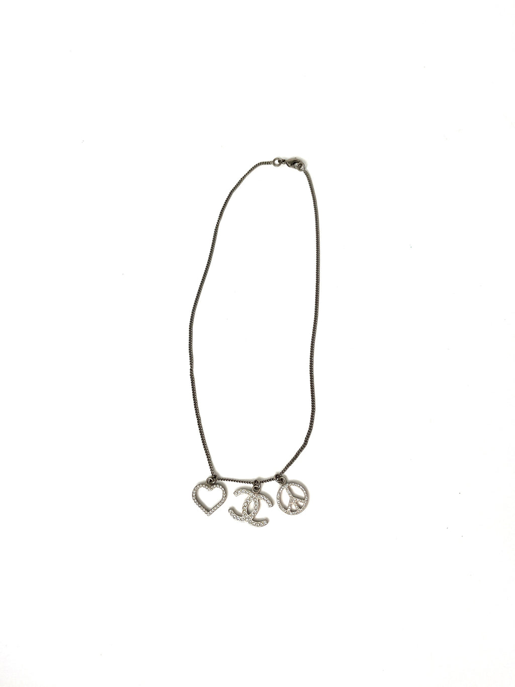 CHANEL Crystal Silver Tone CC Logo Peace Heart Charm Short Necklace