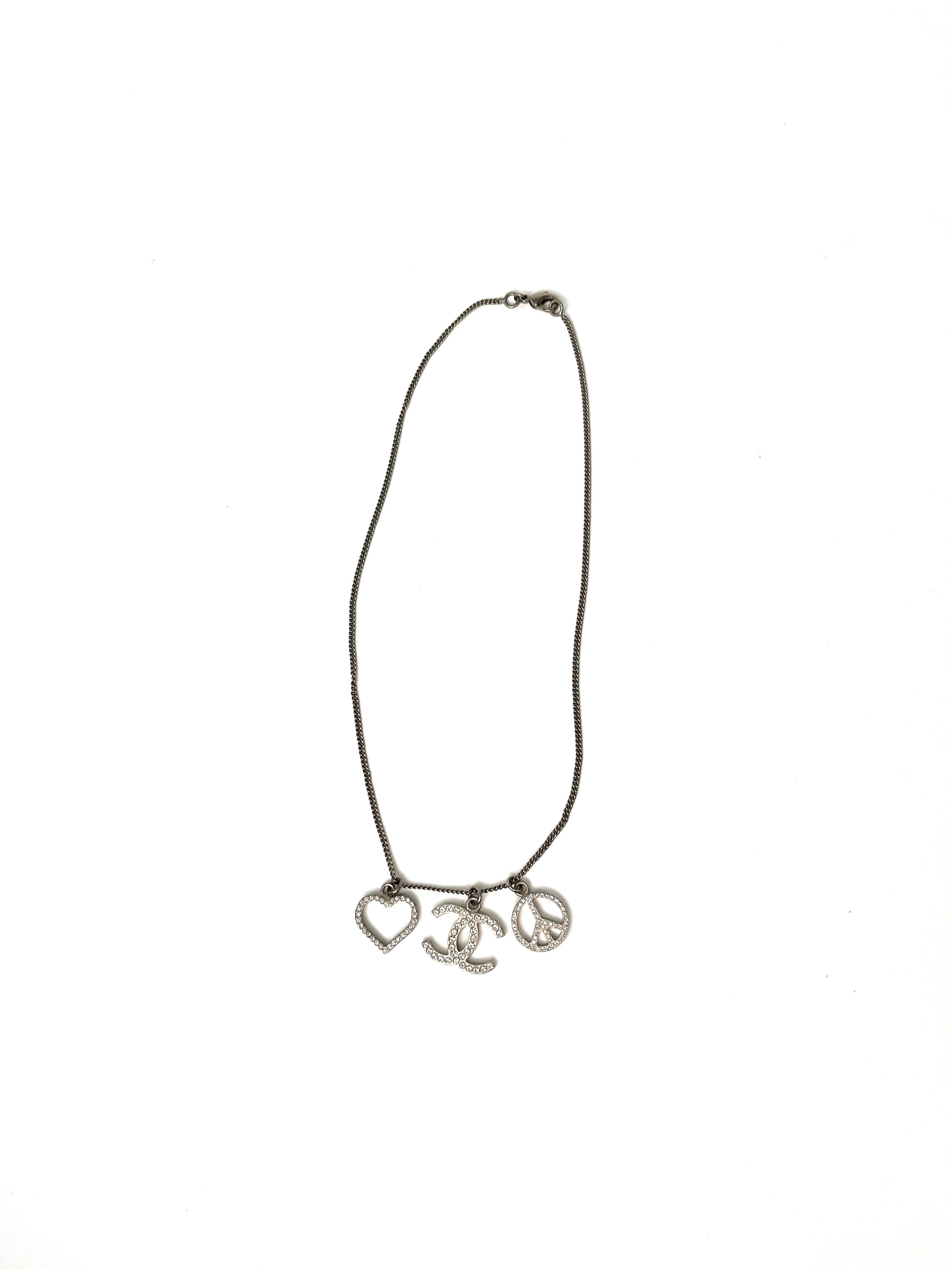 CHANEL Crystal Silver Tone CC Logo Peace Heart Charm Short Necklace