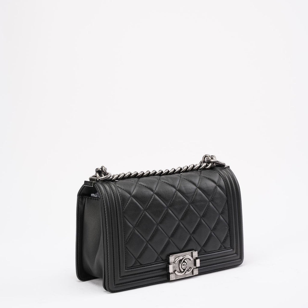 Chanel Boy Medium Black Flap Bag Quilted Lambskin 2014