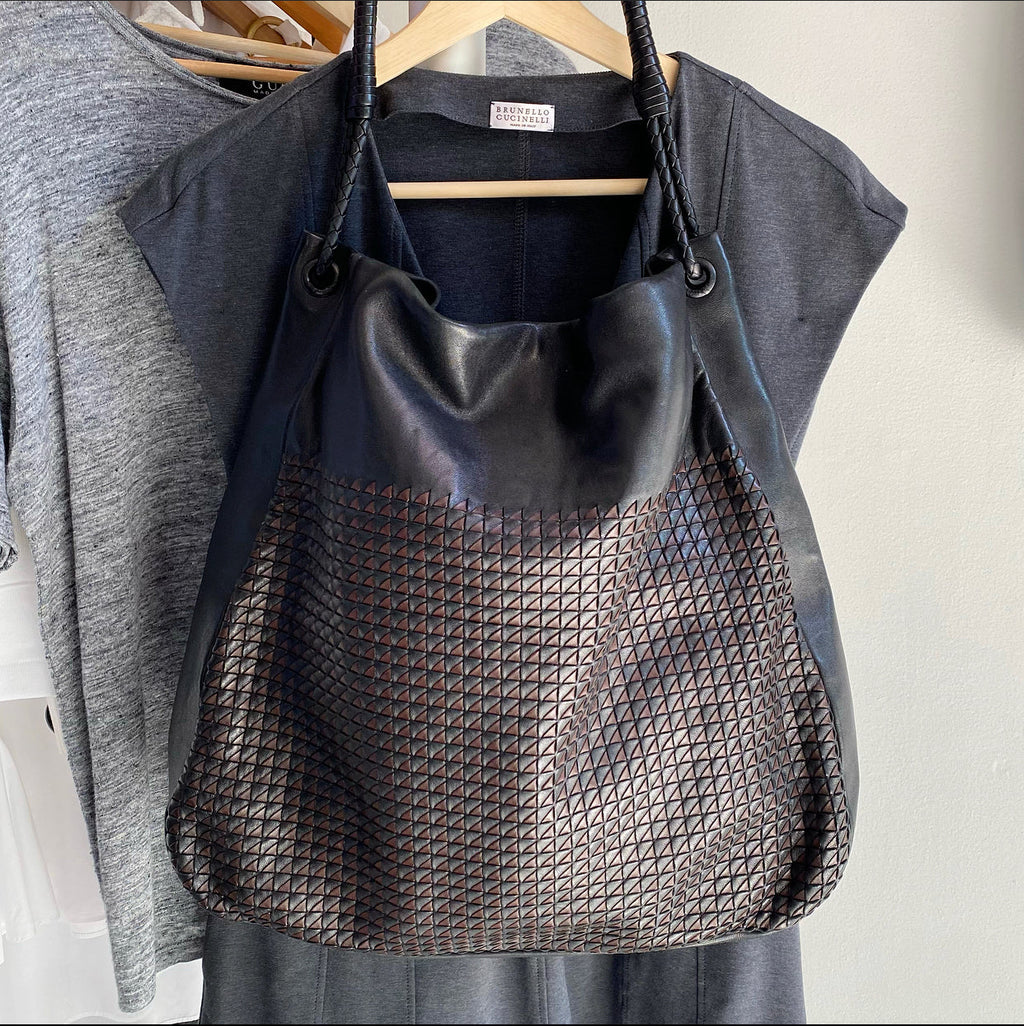 Bottega Veneta Large Black and Brown Woven Leather Hobo Bag