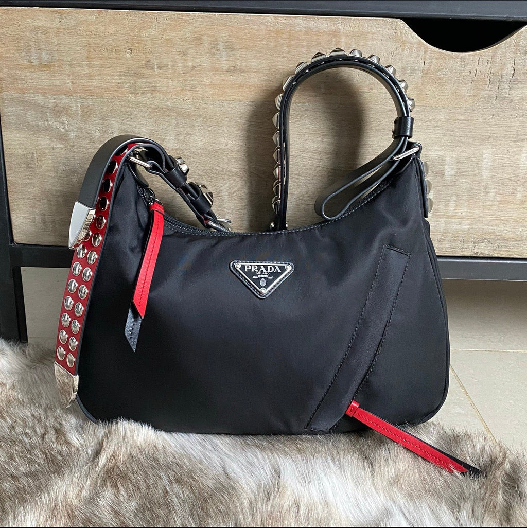 Prada New Vela Stud Black and Red Nylon Hobo Bag