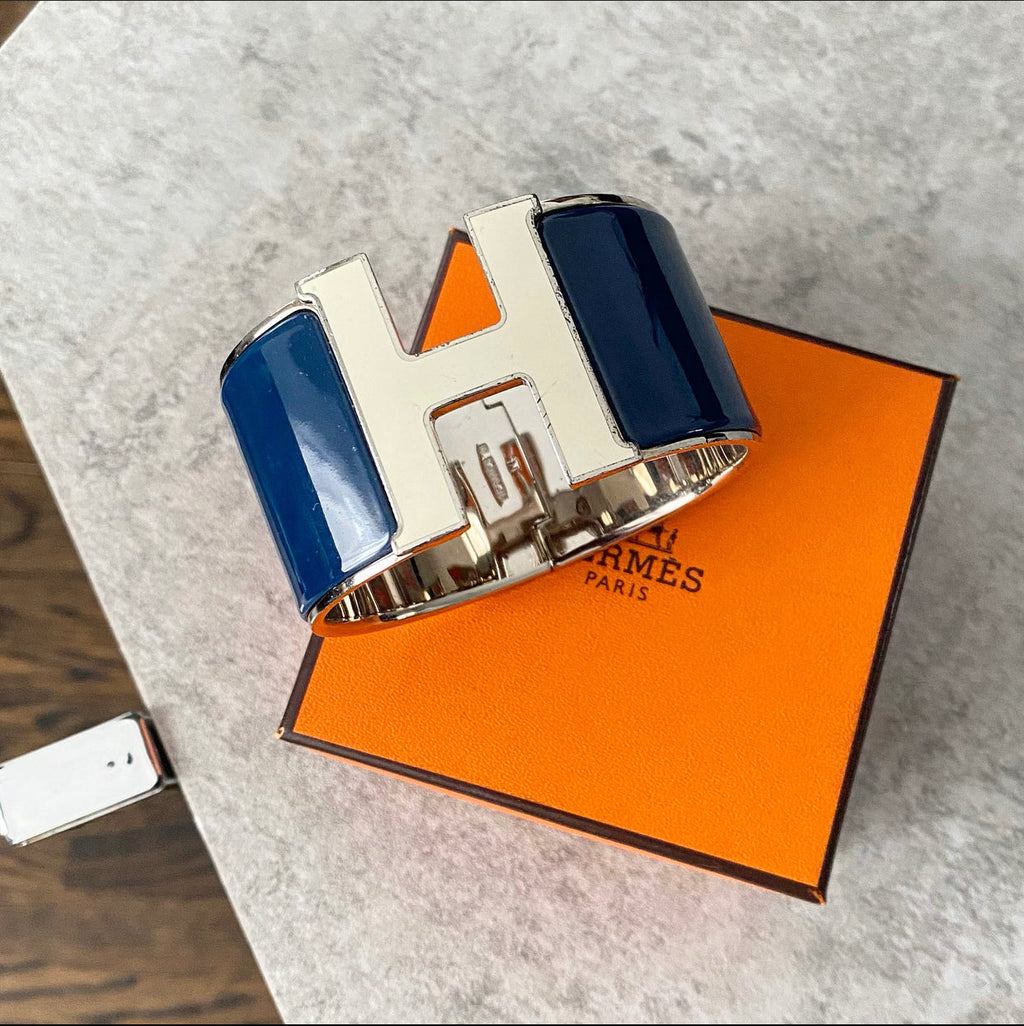 Hermes Navy and Ivory Enamel XL H Cuff Bracelet