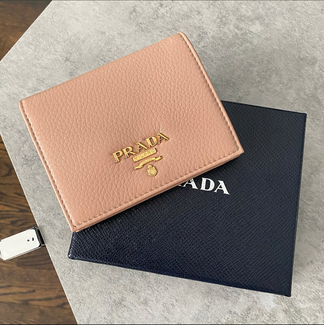 Prada Vitello Grain Bifold Nude Leather Wallet