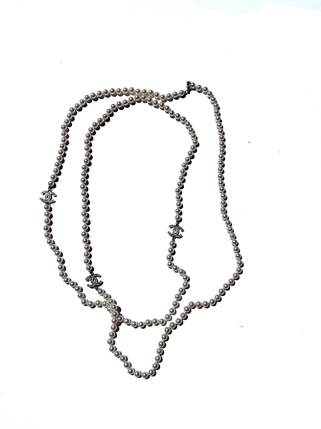 CHANEL CC Faux Pearl Rhinestone Beaded Station Long Double Necklace