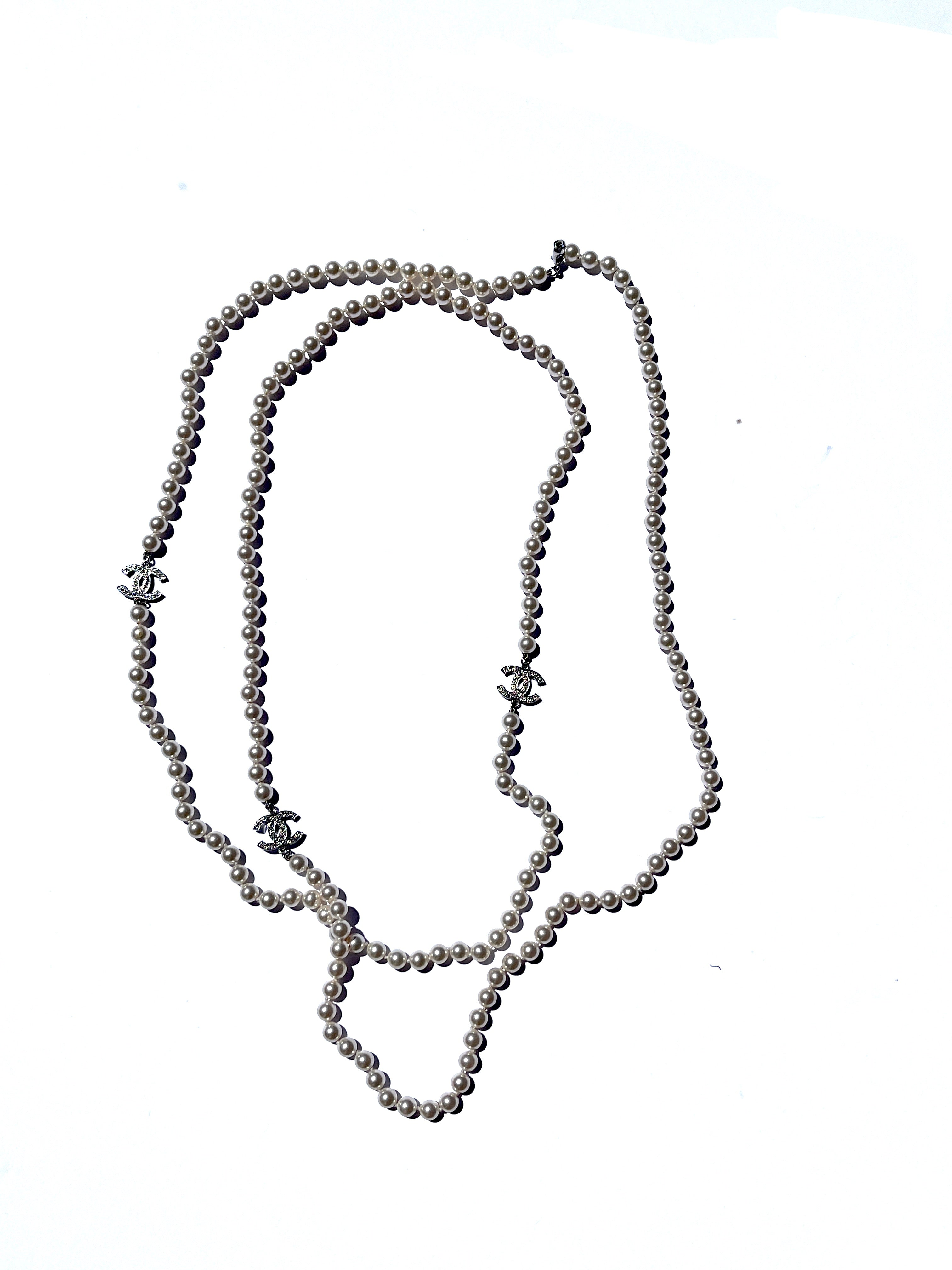 CHANEL CC Faux Pearl Rhinestone Beaded Station Long Double Necklace
