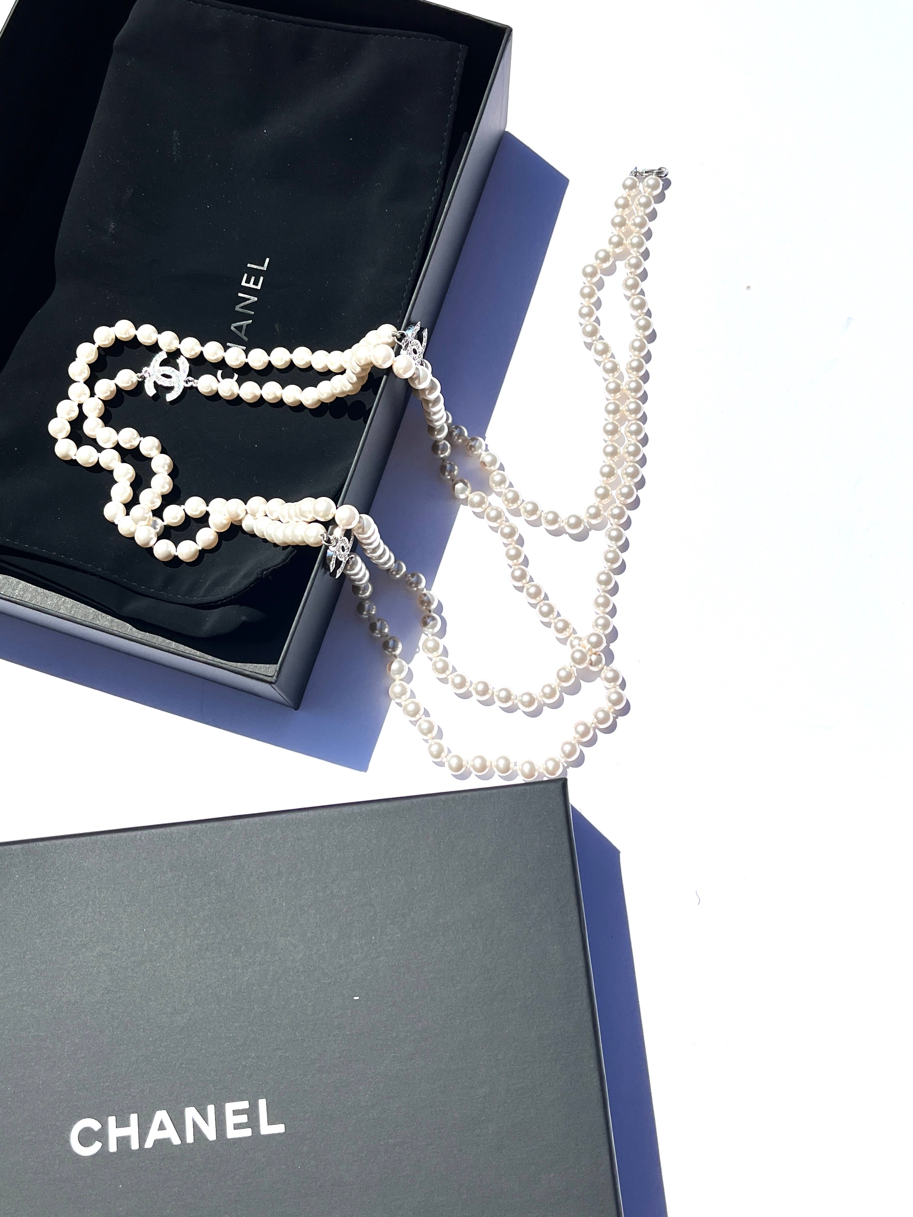 CHANEL CC Faux Pearl Rhinestone Beaded Station Long Double Necklace