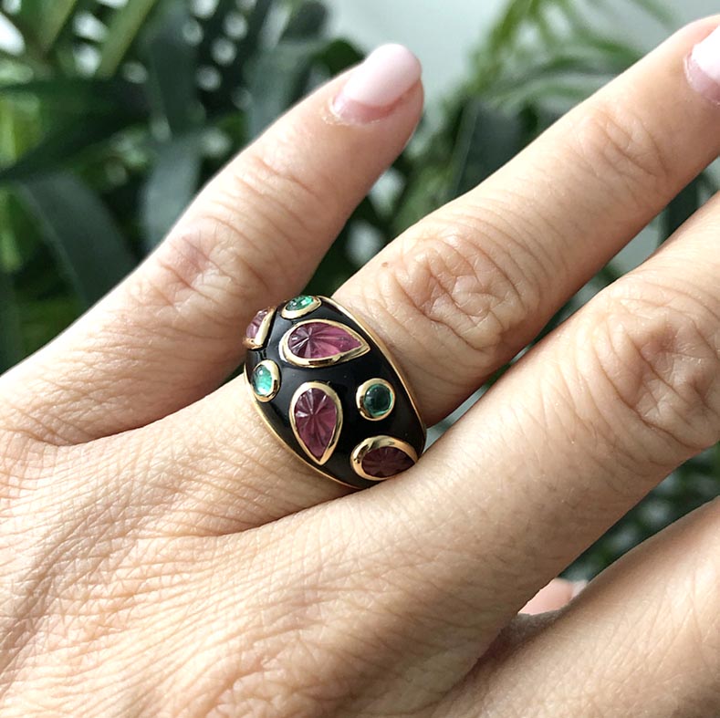 Cartier Vintage 1991 18k gold Tourmaline Emerald Enamel Ring - 49 / 4.75